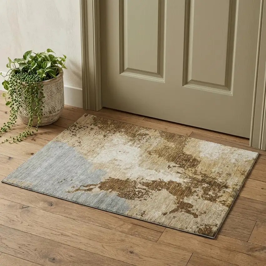 Brown Beige And Gray Abstract Washable Area Rug With UV Protection Photo 1