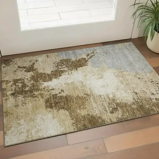 Brown Beige And Gray Abstract Washable Area Rug With UV Protection Photo 2