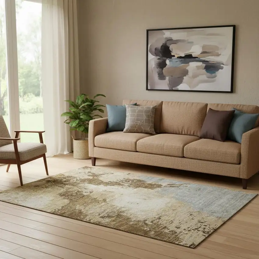 Brown Beige And Gray Abstract Washable Area Rug With UV Protection Photo 2