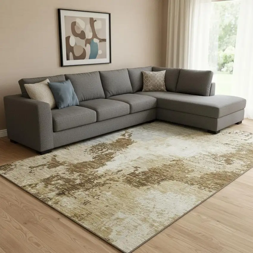 Brown Beige And Gray Abstract Washable Area Rug With UV Protection Photo 2