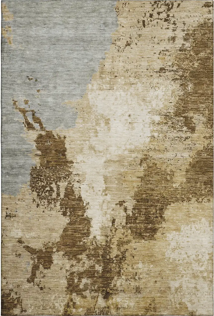 Brown Beige And Gray Abstract Washable Area Rug With UV Protection Photo 1