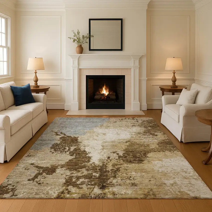 Brown Beige And Gray Abstract Washable Area Rug With UV Protection Photo 4
