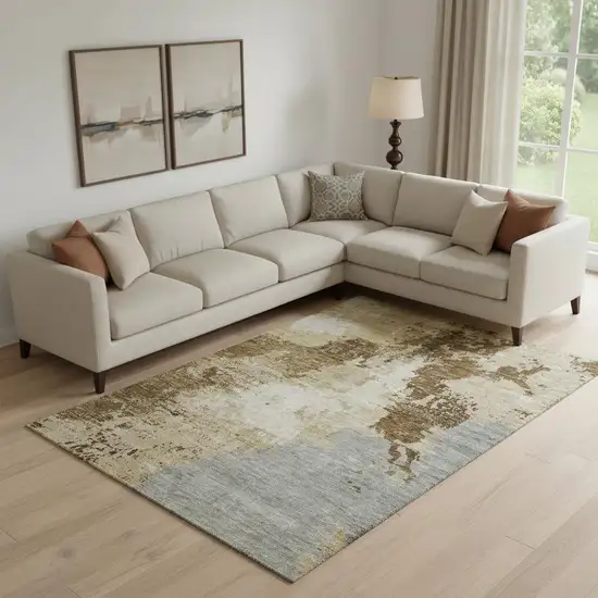 Brown Beige And Gray Abstract Washable Area Rug With UV Protection Photo 1