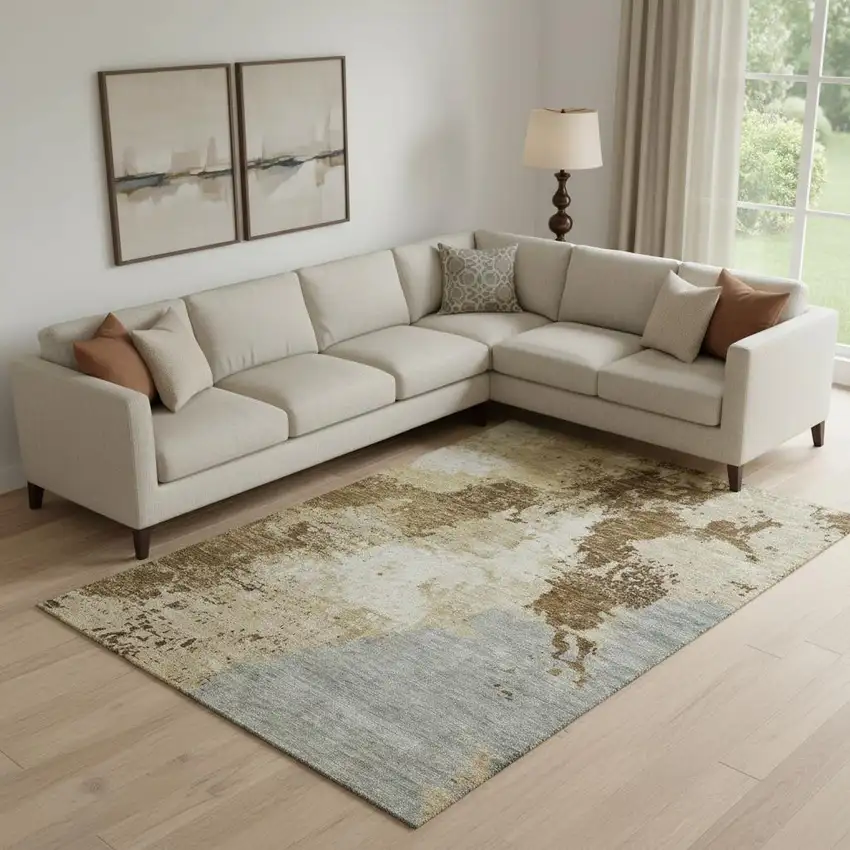 Brown Beige And Gray Abstract Washable Area Rug With UV Protection Photo 1