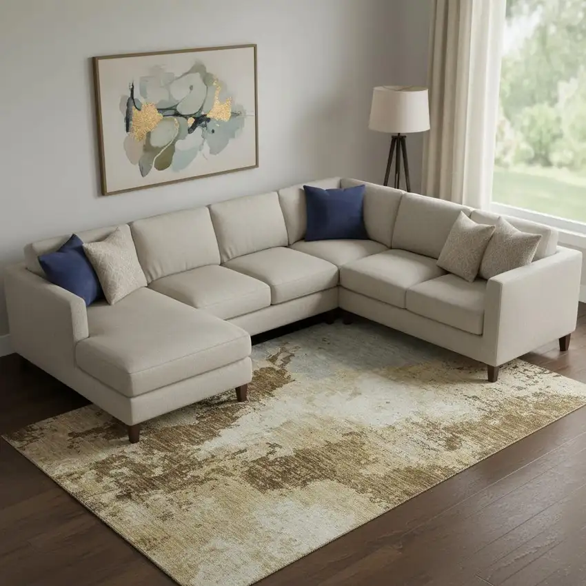 Brown Beige And Gray Abstract Washable Area Rug With UV Protection Photo 2