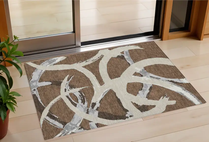 Brown Beige And Gray Abstract Washable Indoor Outdoor Area Rug Photo 1