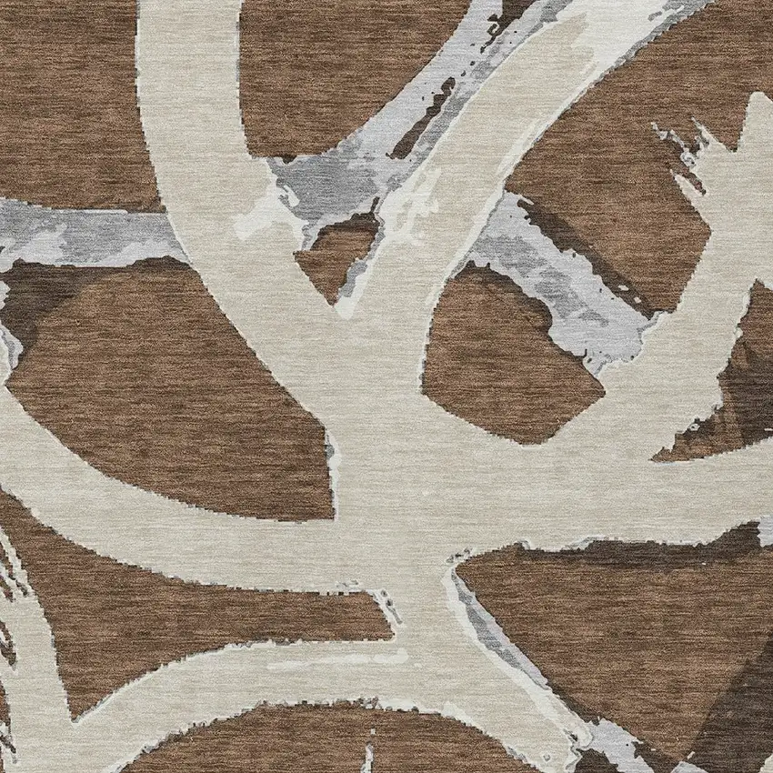 Brown Beige And Gray Abstract Washable Indoor Outdoor Area Rug Photo 6