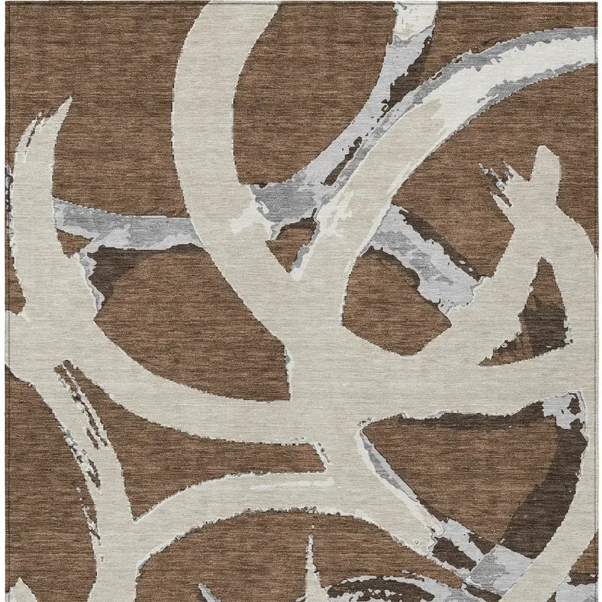 Brown Beige And Gray Abstract Washable Indoor Outdoor Area Rug Photo 8