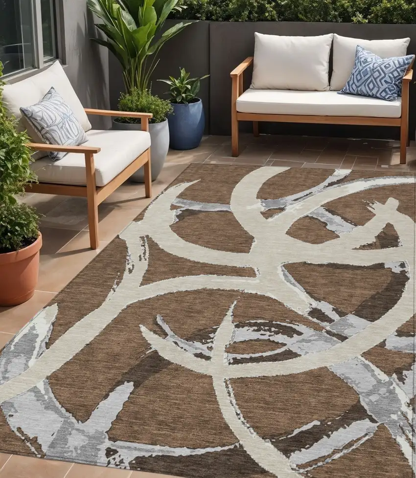 Brown Beige And Gray Abstract Washable Indoor Outdoor Area Rug Photo 1