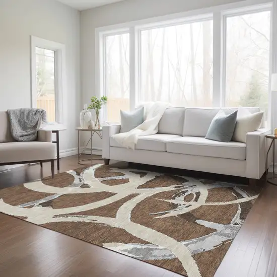 Brown Beige And Gray Abstract Washable Indoor Outdoor Area Rug Photo 9