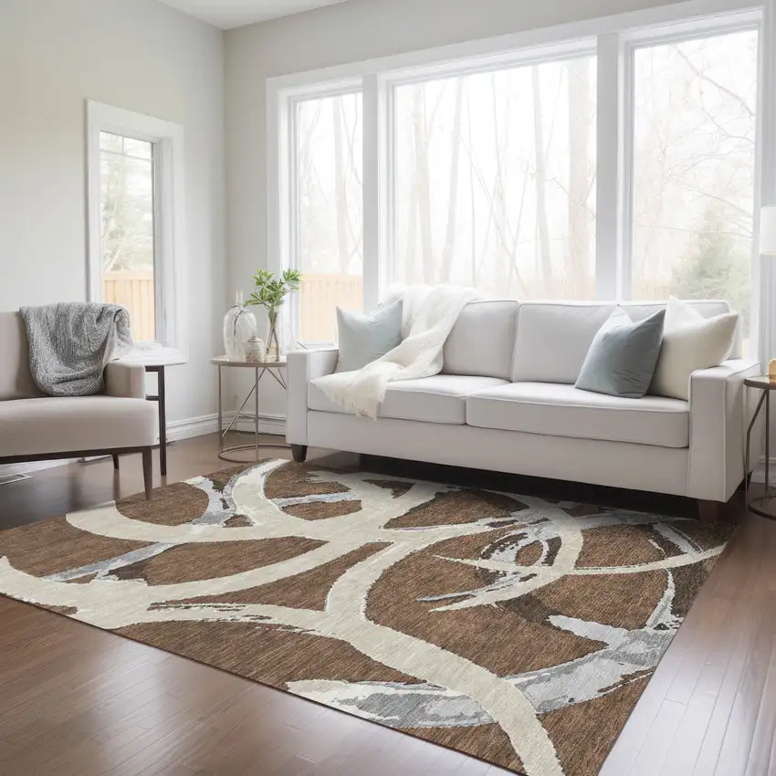 Brown Beige And Gray Abstract Washable Indoor Outdoor Area Rug Photo 9