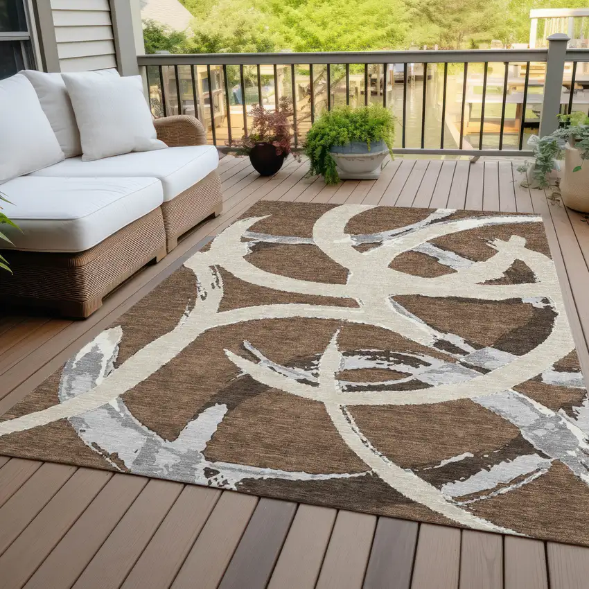 Brown Beige And Gray Abstract Washable Indoor Outdoor Area Rug Photo 8