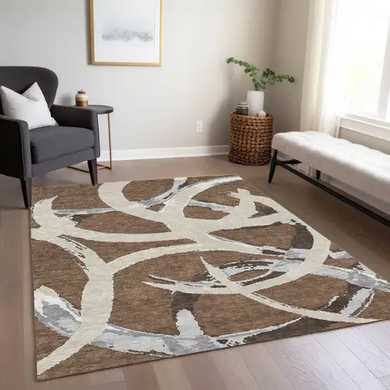 Brown Beige And Gray Abstract Washable Indoor Outdoor Area Rug Photo 9