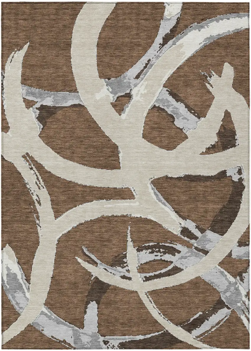 Brown Beige And Gray Abstract Washable Indoor Outdoor Area Rug Photo 2