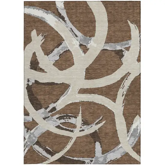 Brown Beige And Gray Abstract Washable Indoor Outdoor Area Rug Photo 7