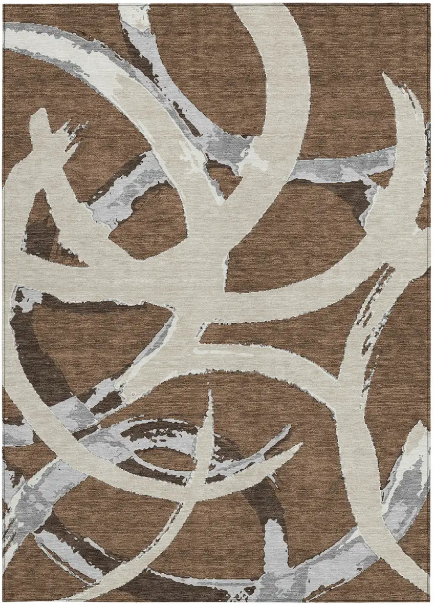 Brown Beige And Gray Abstract Washable Indoor Outdoor Area Rug Photo 7