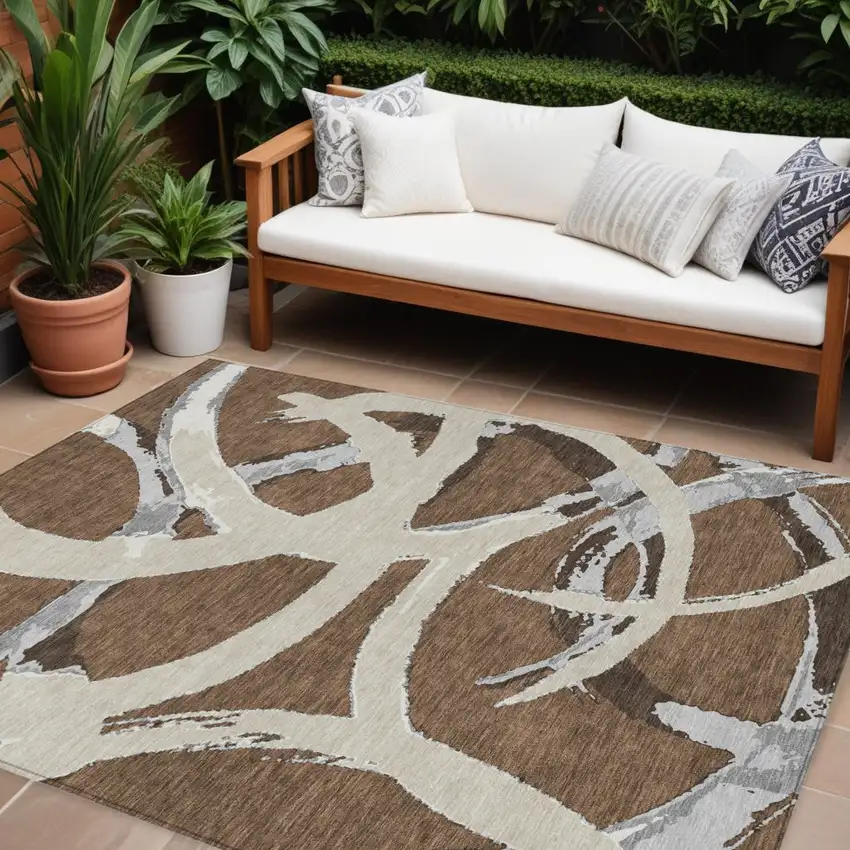 Brown Beige And Gray Abstract Washable Indoor Outdoor Area Rug Photo 1