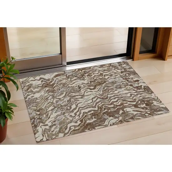 Brown Beige And Gray Abstract Washable Indoor Outdoor Area Rug Photo 1