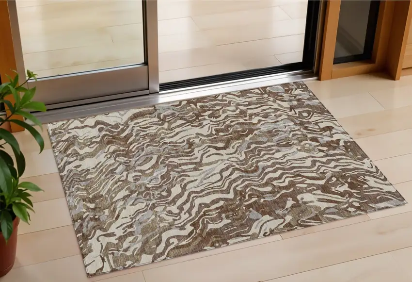 Brown Beige And Gray Abstract Washable Indoor Outdoor Area Rug Photo 1