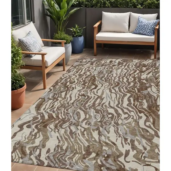 Brown Beige And Gray Abstract Washable Indoor Outdoor Area Rug Photo 1