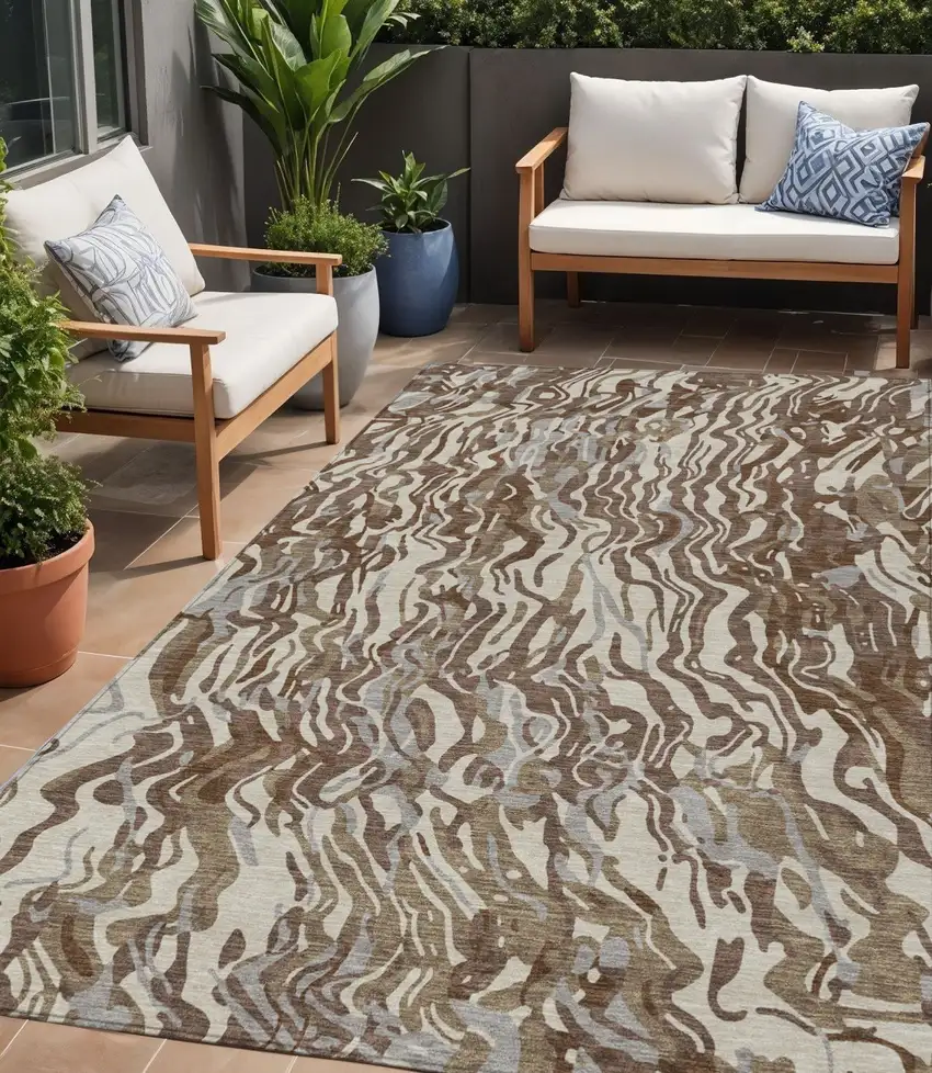Brown Beige And Gray Abstract Washable Indoor Outdoor Area Rug Photo 1