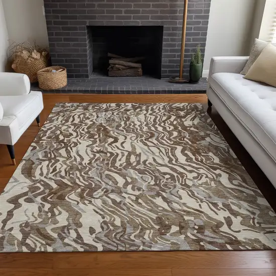 Brown Beige And Gray Abstract Washable Indoor Outdoor Area Rug Photo 9