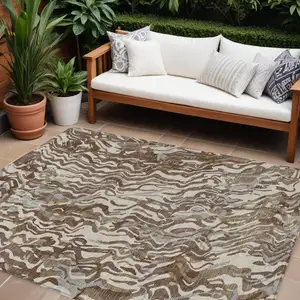 Photo of Brown Beige And Gray Abstract Washable Indoor Outdoor Area Rug