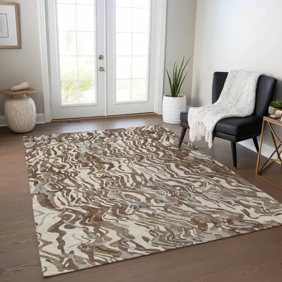 Brown Beige And Gray Abstract Washable Indoor Outdoor Area Rug Photo 8