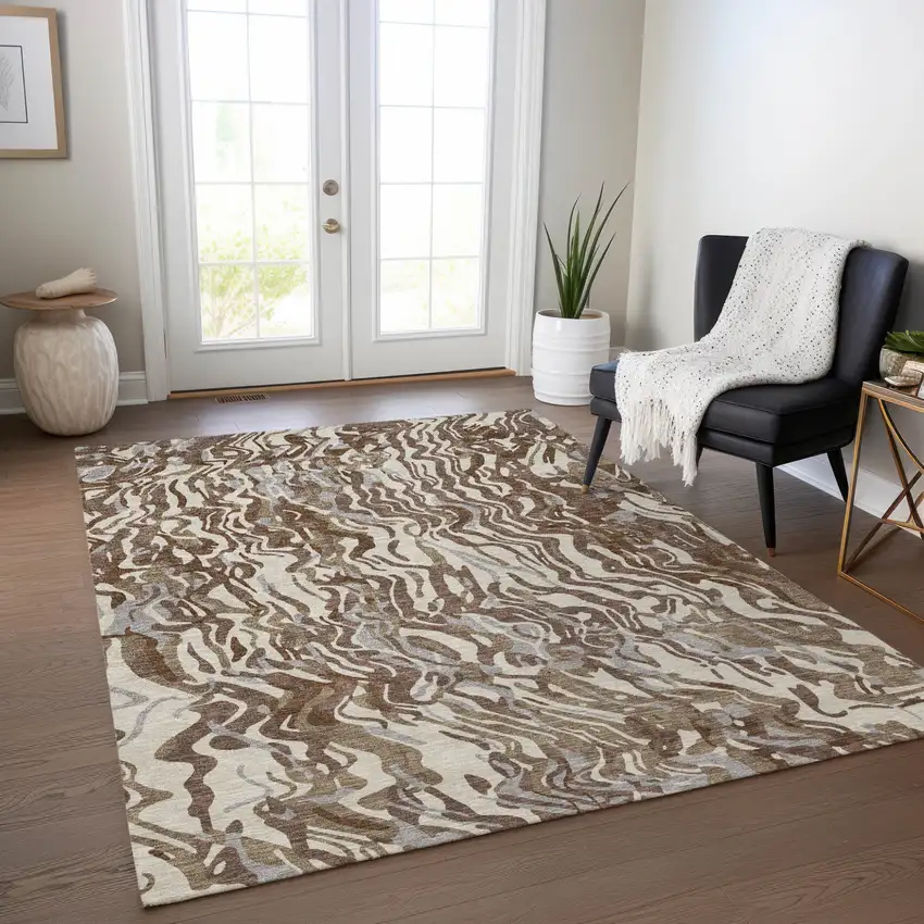 Brown Beige And Gray Abstract Washable Indoor Outdoor Area Rug Photo 8