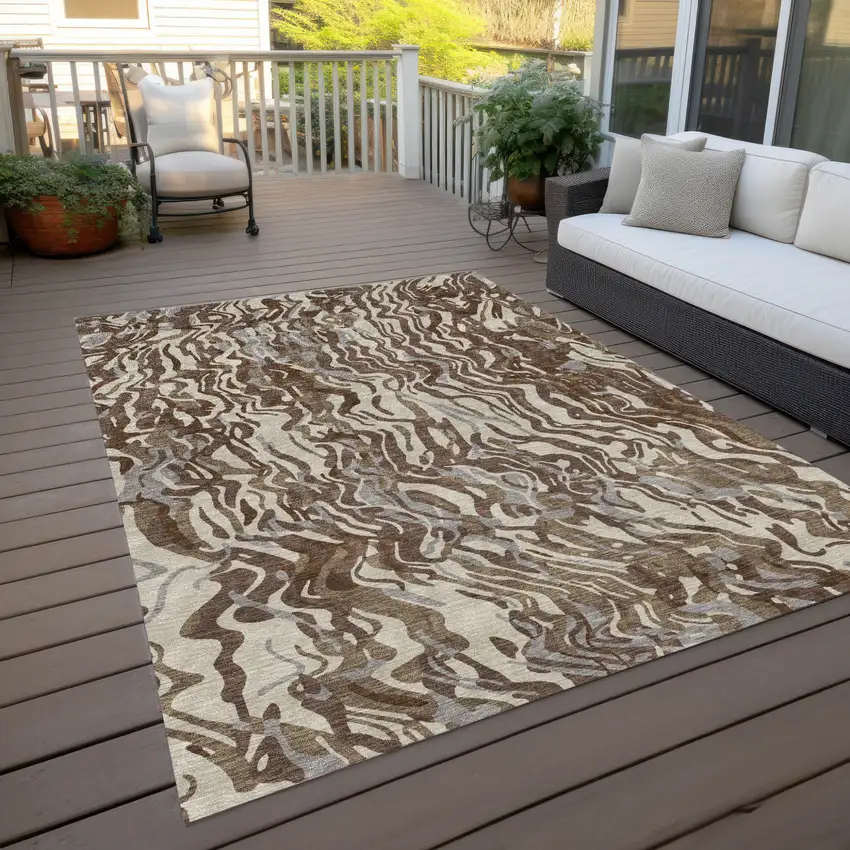 Brown Beige And Gray Abstract Washable Indoor Outdoor Area Rug Photo 8