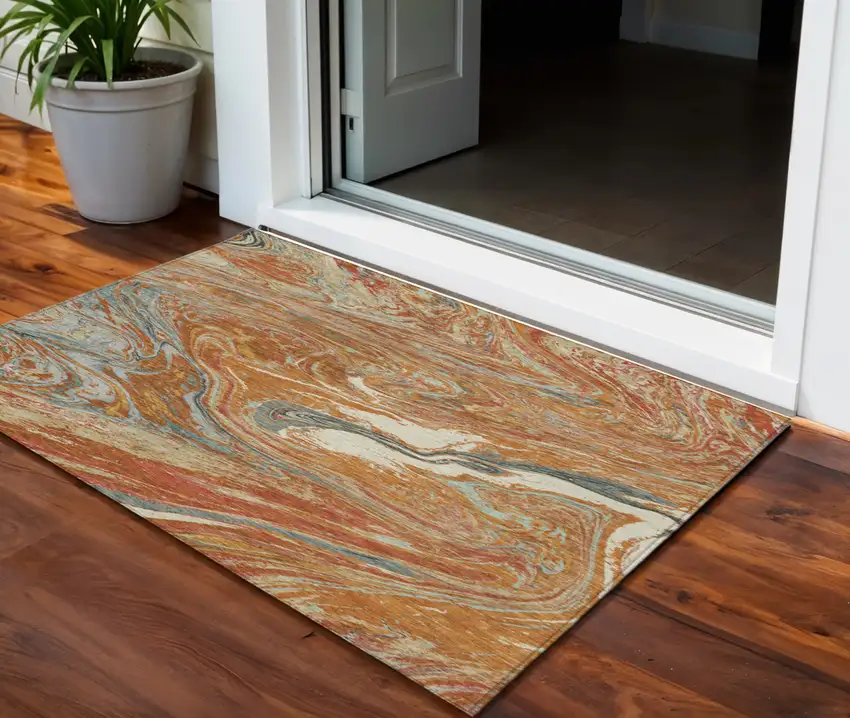 Brown Beige And Gray Abstract Washable Indoor Outdoor Area Rug Photo 1