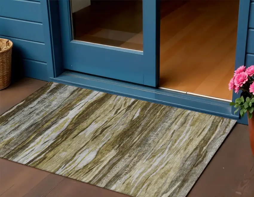 Brown Beige And Gray Abstract Washable Indoor Outdoor Area Rug Photo 2