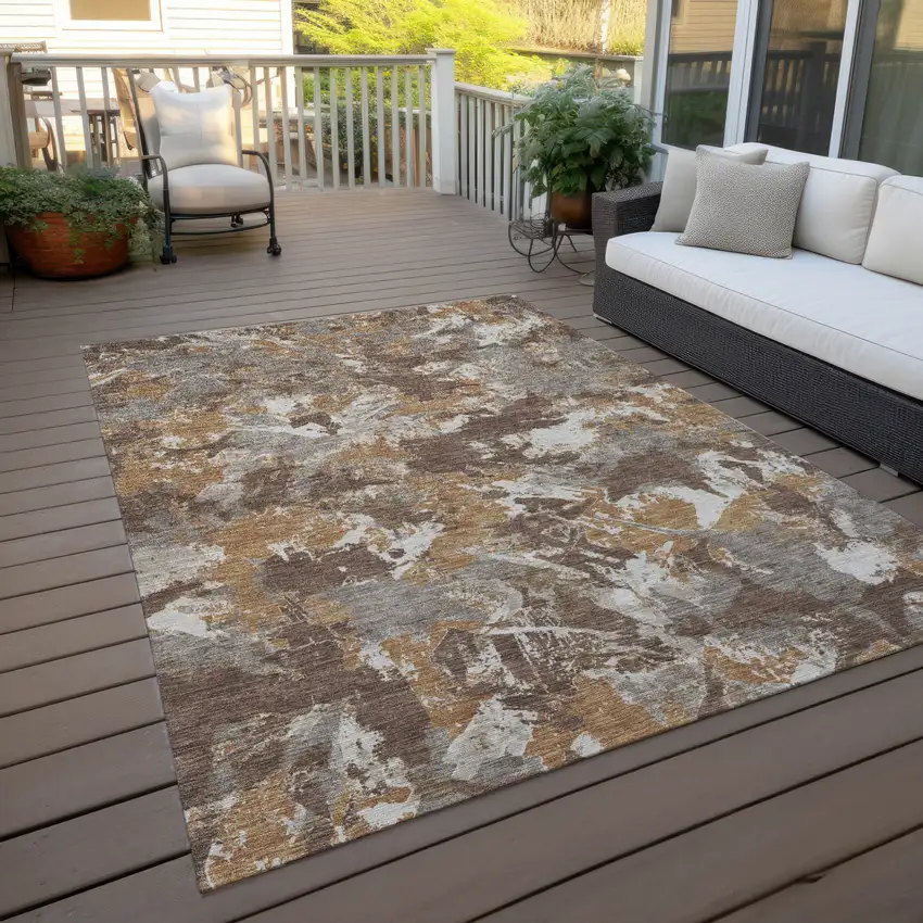Brown Beige And Gray Floral Washable Indoor Outdoor Area Rug Photo 9
