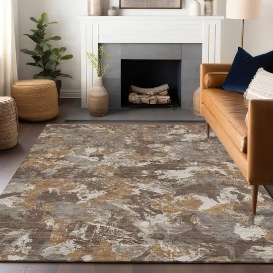 Brown Beige And Gray Floral Washable Indoor Outdoor Area Rug Photo 9