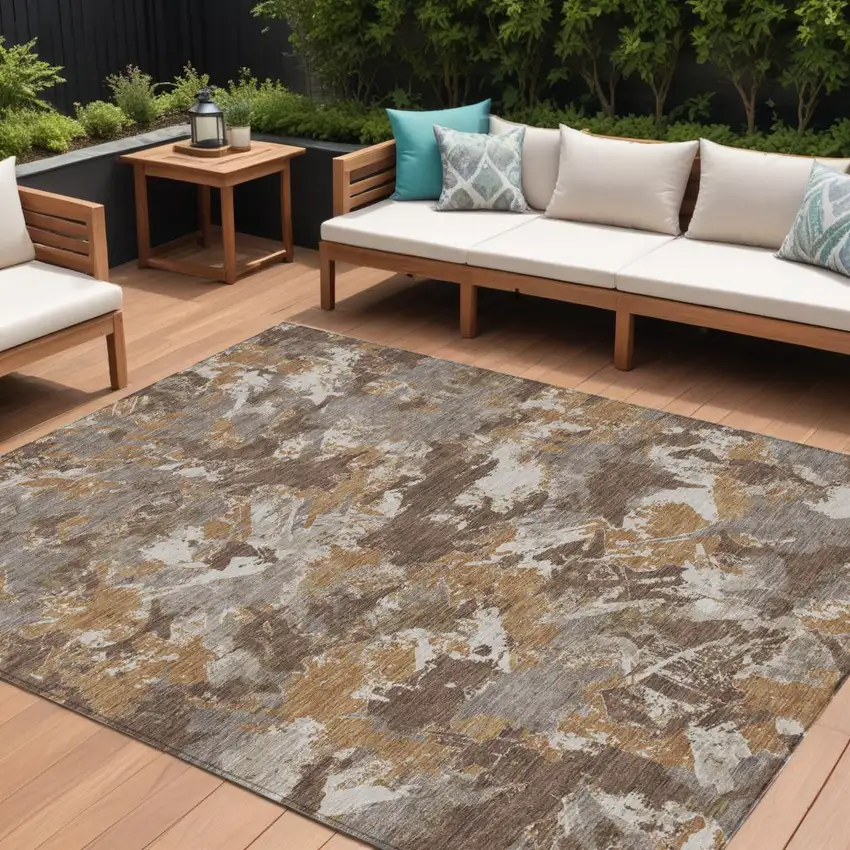 Brown Beige And Gray Floral Washable Indoor Outdoor Area Rug Photo 1