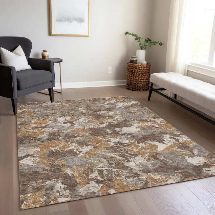 Brown Beige And Gray Floral Washable Indoor Outdoor Area Rug Photo 9