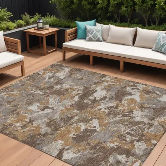 Brown Beige And Gray Floral Washable Indoor Outdoor Area Rug Photo 1