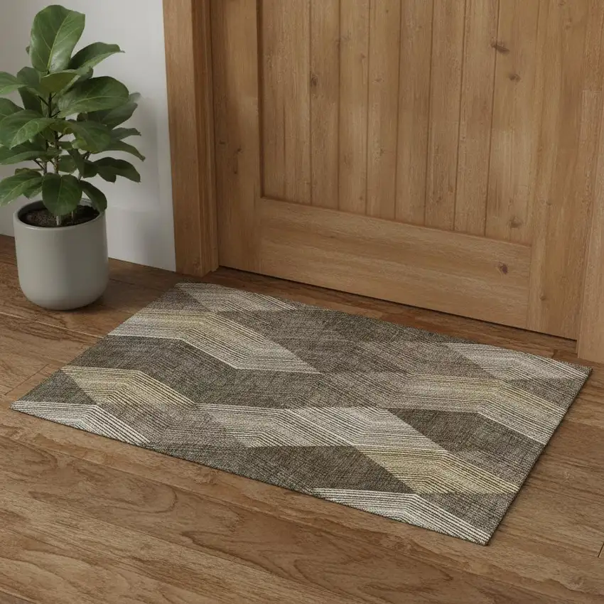 Brown Beige And Gray Geometric Washable Area Rug With UV Protection Photo 1