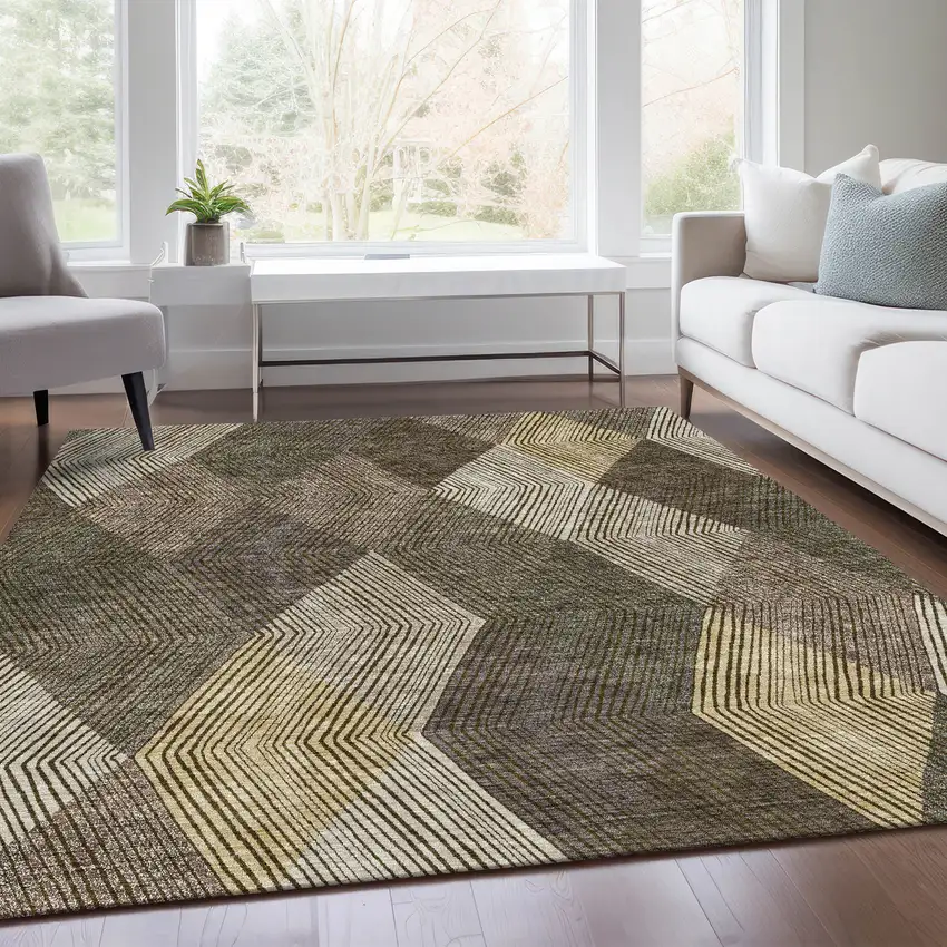 Brown Beige And Gray Geometric Washable Area Rug With UV Protection Photo 6
