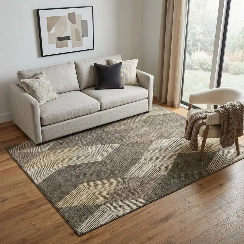 Brown Beige And Gray Geometric Washable Area Rug With UV Protection Photo 1