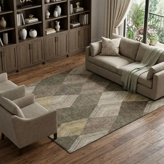 Brown Beige And Gray Geometric Washable Area Rug With UV Protection Photo 1