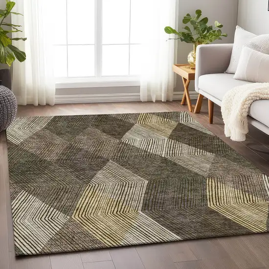 Brown Beige And Gray Geometric Washable Area Rug With UV Protection Photo 3