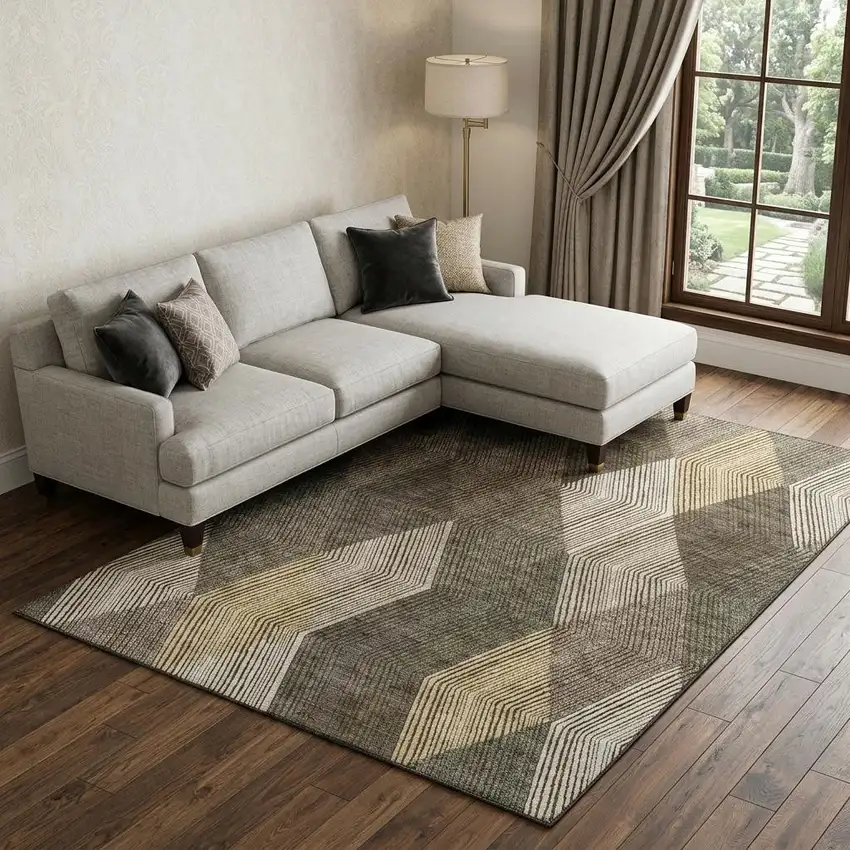 Brown Beige And Gray Geometric Washable Area Rug With UV Protection Photo 1