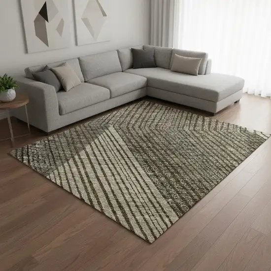 Brown Beige And Gray Geometric Washable Area Rug With UV Protection Photo 2