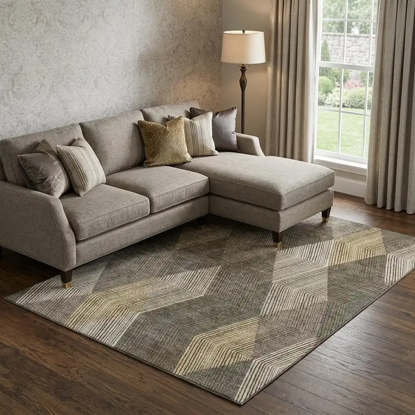 Brown Beige And Gray Geometric Washable Area Rug With UV Protection Photo 1