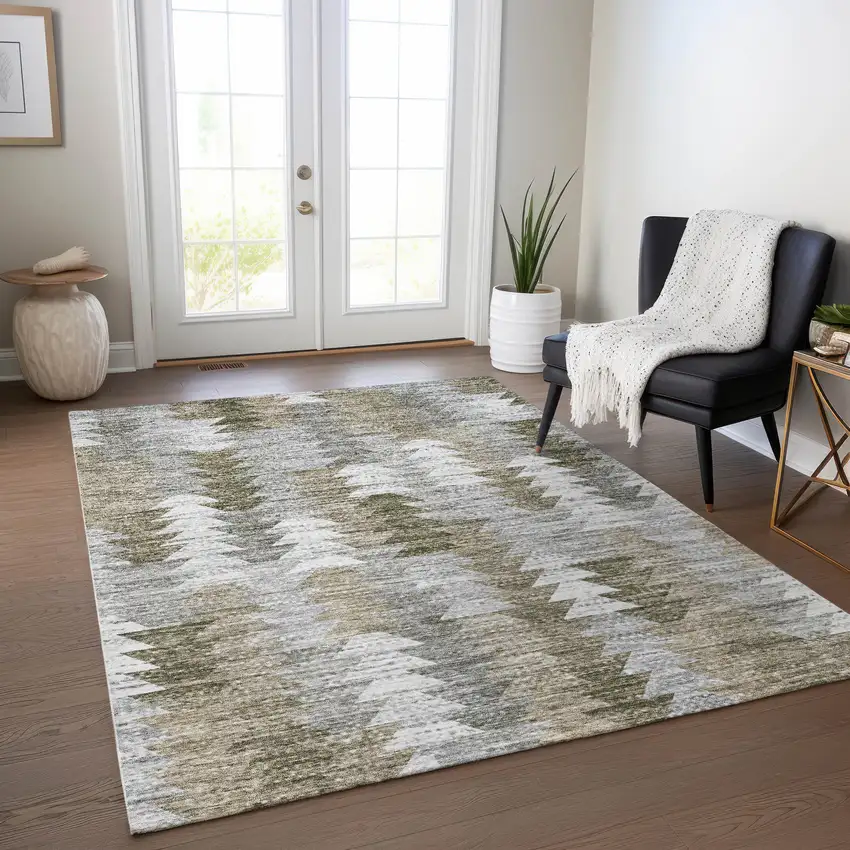 Brown Beige And Gray Geometric Washable Indoor Outdoor Area Rug Photo 8