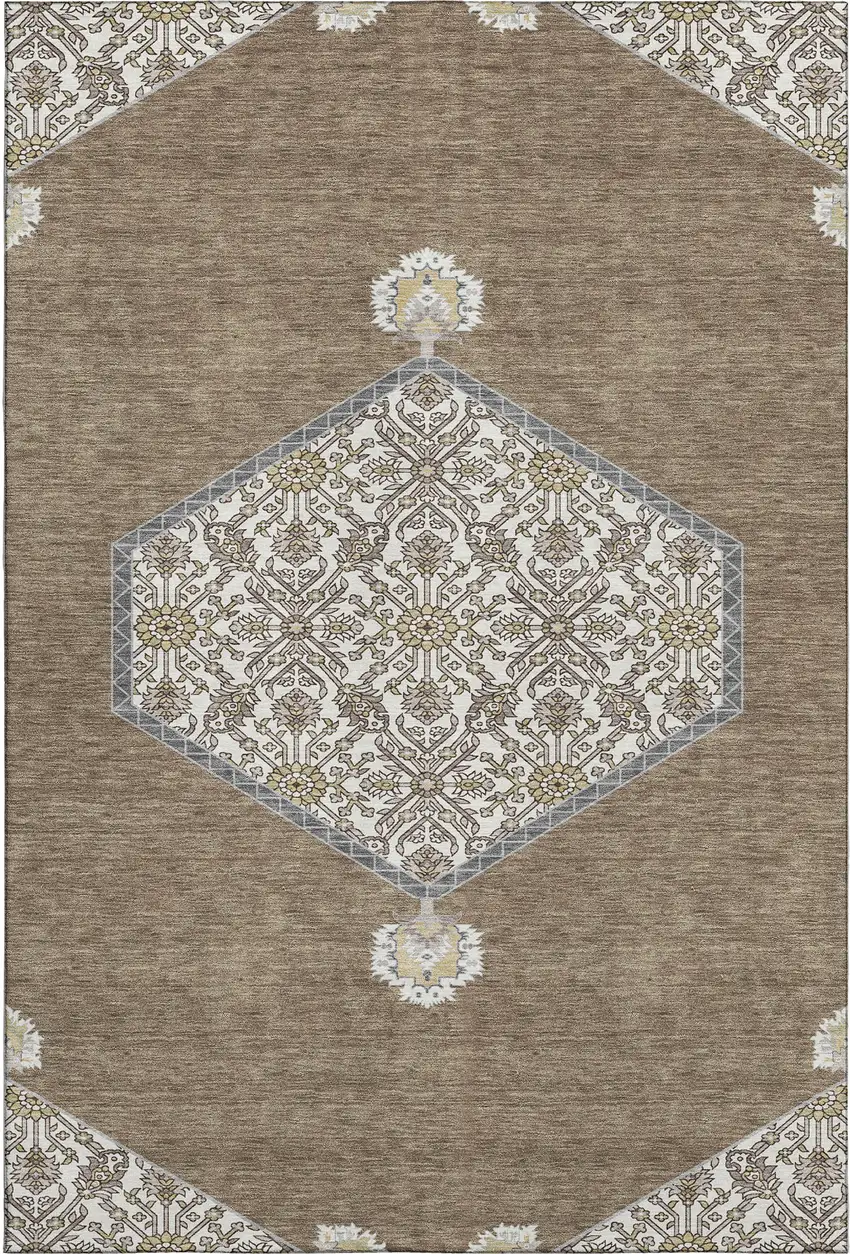 Brown Beige And Gray Oriental Washable Area Rug With UV Protection Photo 1