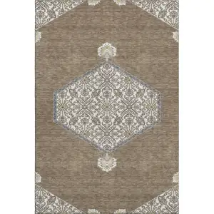 Photo of Brown Beige And Gray Oriental Washable Area Rug With UV Protection