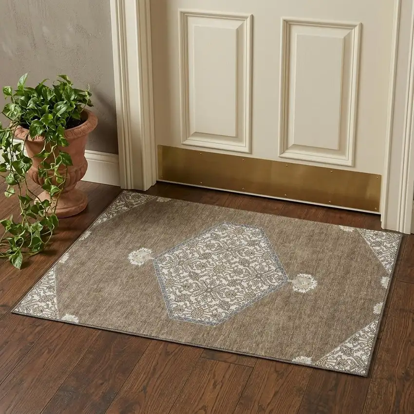 Brown Beige And Gray Oriental Washable Area Rug With UV Protection Photo 1
