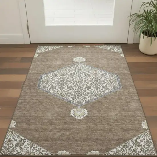Brown Beige And Gray Oriental Washable Area Rug With UV Protection Photo 2